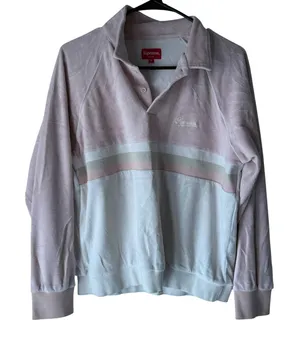 Supreme‎ Y2k Velour Rugby Shirt Pink White Striped Embroidered Logo Size S thumbnail 1