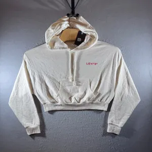 1460‎ | NWT Levis Cropped Relaxed Logo Hooded Sweatshirt Cream Womens M thumbnail 1