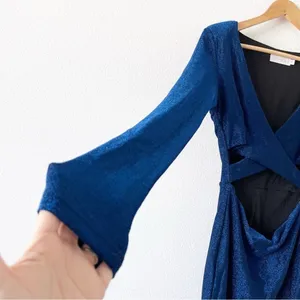 Meshki Blue Glitter Cut Out Long Sleeve Glam Party Club Bodycon Mini Dress thumbnail 4