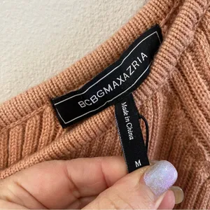 BCBGMAXAZRIA Merino Wool Blend Ribbed Off Shoulder Sweater Top Blush Sz‎ M thumbnail 5