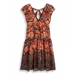 Anthropologie Printed Tie V-Neck Babydoll Dress Womens‎ Size 2 Rust Floral thumbnail 4