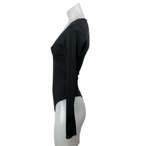 Free People FP Intimately Black Ribbed Knit Long Sleeve Thong Bodysuit Top XS thumbnail 2