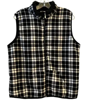 Hasting & Smith Womens Plaid Fleece Vest Black‎ White Sherpa Collar Zip Up M thumbnail 1