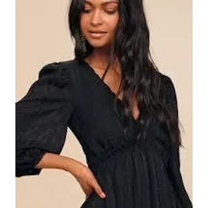 Lulus Womens Mini Dress M Black Jacquard Stripe Ruffle V-Neck Balloon Sleeve thumbnail 3
