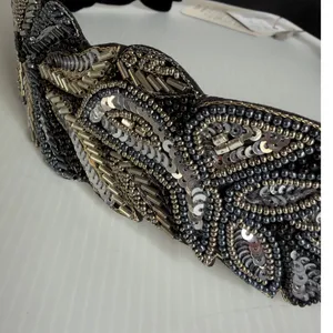 Silver Beaded Embroidered Boho Festival Floral Belt Elastic Sz 34 Waistband NWT thumbnail 4