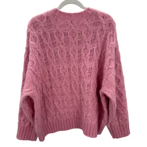 LOFT Pink Cable‎ Open Knit Crew Neck Sweater Womens XL Wool Blend Lightweight thumbnail 2
