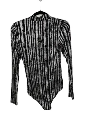 Luxxel Black Silver Metallic Knit Mock Neck Bell Sleeve Bodysuit Size Medium thumbnail 1