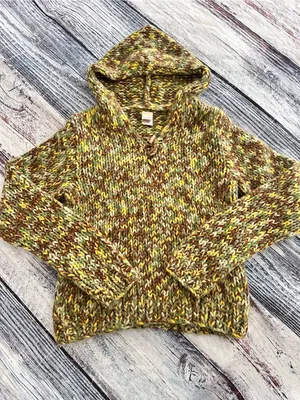 Vintage Y2K Chunky Knit Textured Hooded Sweater in Olive Mix Wool Blend thumbnail 2