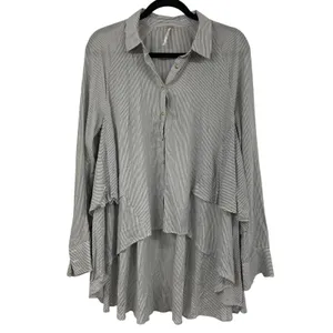 Free People Grey & White Striped Ruffled Tiered Long Sleeve Blouse Womens S Top thumbnail 2