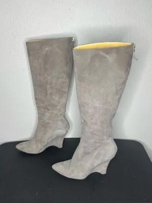 Kate Spade Grey Suede Leather Knee High Curved Wedge Boots Size 7.5 thumbnail 3