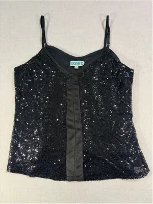 Rockin C Sequin V-Neck Cami Tank Top Satin Trim Black Large thumbnail 1