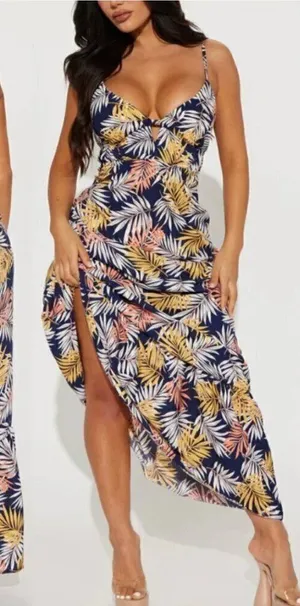 NEW NWT IRIS DISCOVERY Print Tank Maxi Dress Navy Blue Palm Leaf Leaves Floral S thumbnail 1
