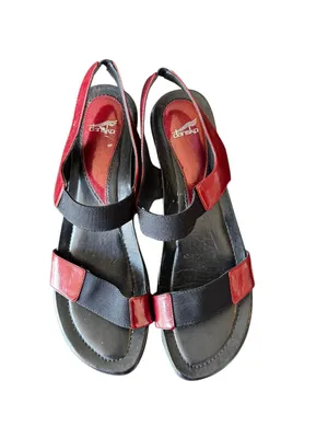 Dansko - Red Patent Leather Black Elastic Wedge Sandals Sz 40 thumbnail 2