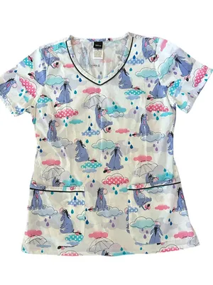 Disney Eeyore Sunshower Womens Scrub Top V-Neck Short Sleeve Pockets Size Small thumbnail 2