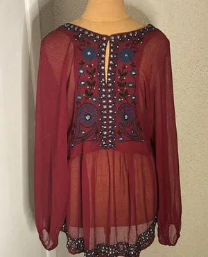 Free People Promesa Peasant Tunic Blouse Sheer Beaded Embroidered Boho M Indie thumbnail 1
