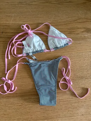 Frankie's Bikinis Pink & Black Striped Lace-Trim Triangle Bikini thumbnail 3