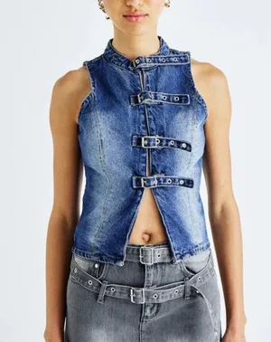 The Ragged Priest - Reign Buckle Sleeveless Denim Top in Blue thumbnail 5
