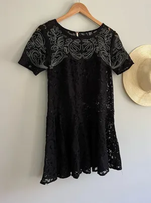 Free People | Dreamer Black Lace Mini Dress | Short Sleeve | Size Small thumbnail 1