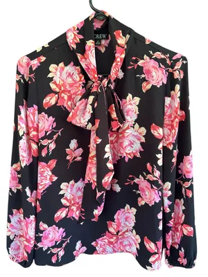 EUC J. Crew Tie Neck Long Sleeve Midnight Rose Top XS thumbnail 1