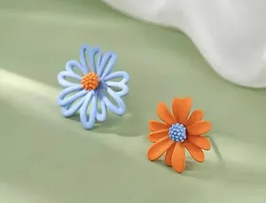 Unique Asymmetric Daisy Flower Design Stud Earrings Blue & Orange thumbnail 1