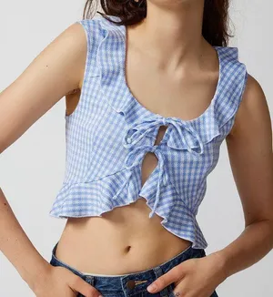 Urban Outfitters Ilene Blue and White Gingham Tie-Front Top thumbnail 1