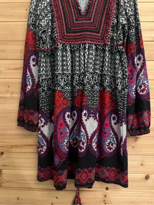 Angie Large Bohemian Long Sleeve Belted Notch Neckline Mini Dress Fall Biho thumbnail 5