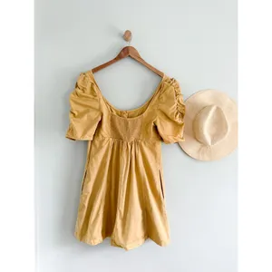 Free People | Cheyenne Denim Mini Dress Sand Dune Yellow Puff Sleeve | Sz L thumbnail 9