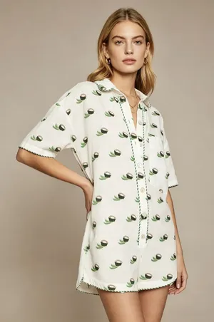 NWOT Farm Rio Linen Blend Coconut Embroidered Romper Green and Ivory Size M thumbnail 1
