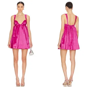 For Love & Lemons Selena Bright Pink Mini Babydoll Plunge Preppy HOT Dress NWT thumbnail 3