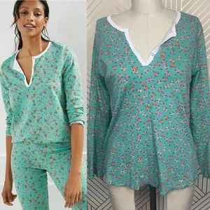 Anthropologie Roberta Roller Rabbit Blooms Pajama Top Tee Henley Floral Green Size US Small‎ thumbnail 2