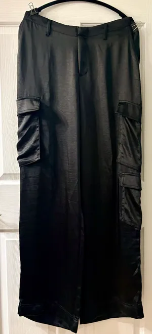 HYFVE Black Satin-Look Wide-Leg Cargo Dress Pants size L NWT thumbnail 1