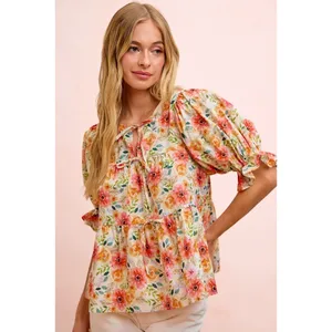 BiBi Flower‎ Printed Shirring Detail Blouse Top - Flower - Large thumbnail 15