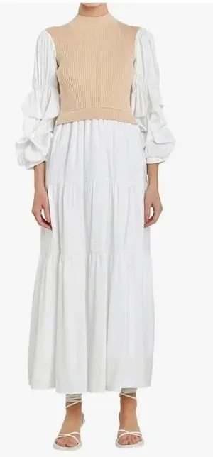 English Factory Tan‎ Ribbed Vest Puff Sleeve Tiered Maxi Dress Small Neutral thumbnail 1
