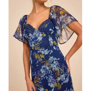 NEW Lulus Valla Navy Blue Sweet Floral Flutter Sleeve A-Line Midi Dress XXL thumbnail 2