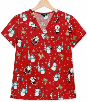 Just Love Christmas Holiday Medical Scrub Top V-Neck Pockets Red Snowman Santa M thumbnail 1