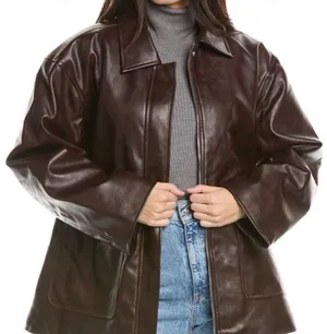 WeWoreWhat Dark Brown faux vegan Leather Bomber Jacket oversized zip moto XS thumbnail 1