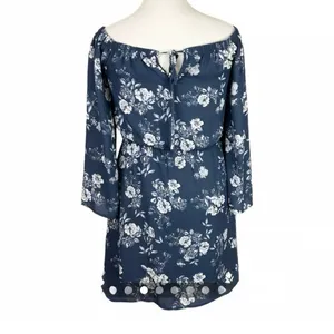 Altar'd State Navy Blue Floral Off-The-Shoulder Bishop Sleeve Mini Dress Small thumbnail 2