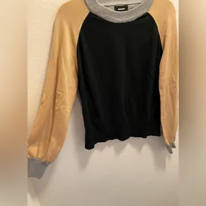 Monrow Black & Tan Color Block Mock Neck Balloon Sleeve Revolve Sweater thumbnail 3