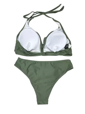 Olive Green Two-Piece Bikini Swimsuit | Halter Wrap Top Women’s Size Small NWOT thumbnail 3