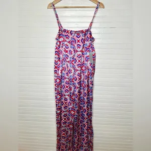 Melloday Printed Wide Leg Patterned Pocket Jumpsuit Size XL Red Blue thumbnail 2
