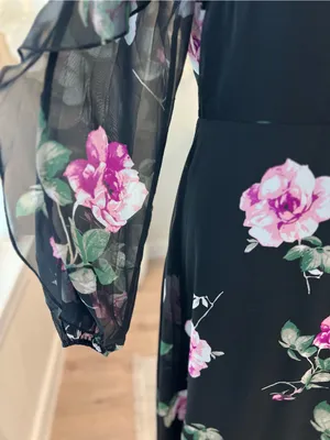 Lulus Once And Flor All Black Floral Print Long Sleeve Woman’s Midi Dress size L thumbnail 4