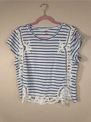 Maeve White Blue Striped Crochet Crop Blouse Womens L Casual Girly Coquette thumbnail 7