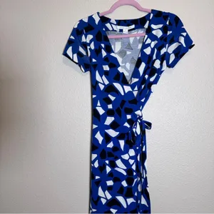 Diane Von Furstenberg Blue Mini Wrap Dress Womens 4 Cotton Silk Geometric Print thumbnail 11