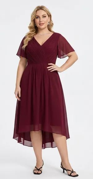 Ever Pretty Burgundy High-Low V-Neck Chiffon Dress thumbnail 1