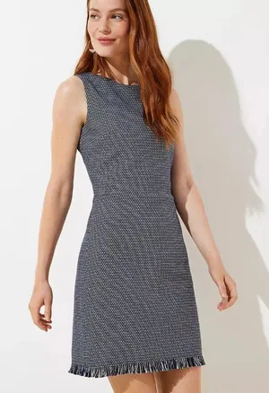 NWT Ann Taylor LOFT Womens Size 2 Blue White Fringe Tweed Shift Mini Dress NEW thumbnail 1