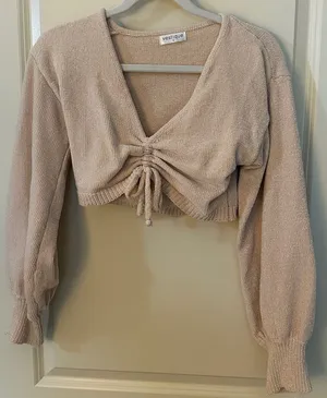 Vestique Boutique Cropped Tie V-neck Cinched Tan Sweater Women's Sz Small thumbnail 1