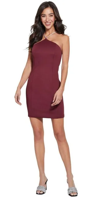 NWT GUESS Kandy Crystal Halter Strap Open Back Mini Dress D5RK41K3PP0 Red 0 thumbnail 1
