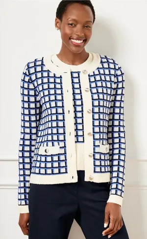 Talbots textured stitch crewneck Grid Knit Cardigan Sweater silver tone buttons thumbnail 1