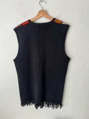 Rafaella Vintage Grandma Knit Crochet Granny Square Fringe Button Up Vest Size Medium thumbnail 5