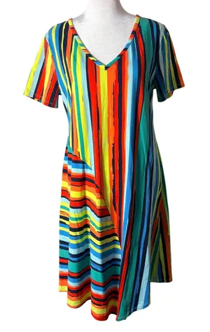 Soft Surroundings Happy Place Dress Womens Small Multi NWT Striped V-Neck‎ Midi thumbnail 1